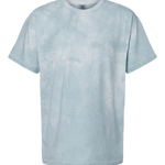 front view of aqua marble wash unisex t shirt featuring soft cloudy texture and relaxed short sleeves