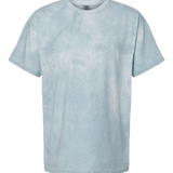 front view of aqua marble wash unisex t shirt featuring soft cloudy texture and relaxed short sleeves