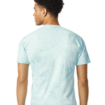 back view of mens aqua marble wash t shirt with soft faded texture and short sleeves styled with denim jeans