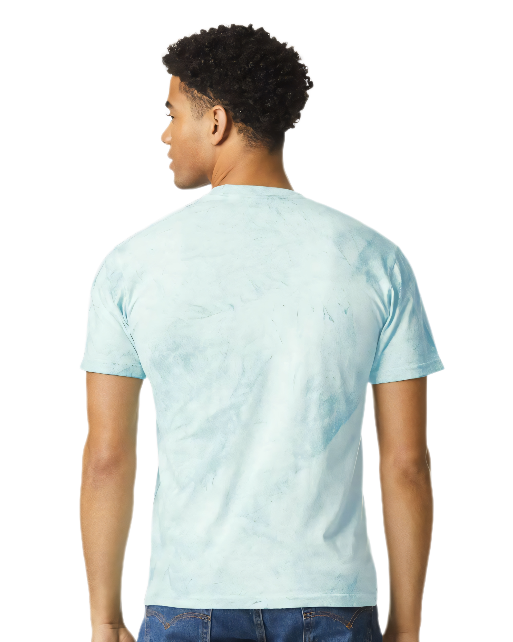 back view of mens aqua marble wash t shirt with soft faded texture and short sleeves styled with denim jeans