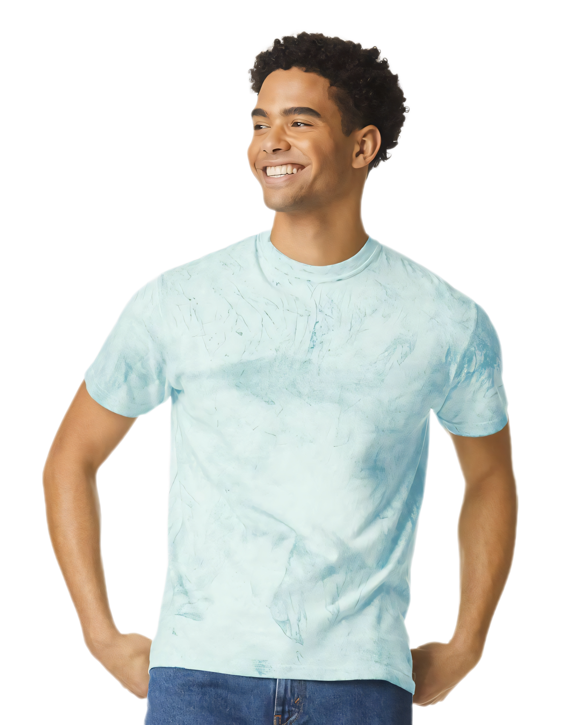 mens aqua marble wash t shirt with soft faded texture and classic fit styled casually with blue jeans
