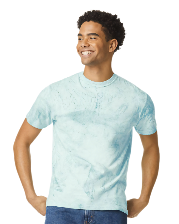 mens aqua marble wash t shirt with soft faded texture and classic fit styled casually with blue jeans