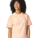 womens peach short sleeve t shirt with relaxed fit and soft washed texture styled with light blue jeans for a casual look