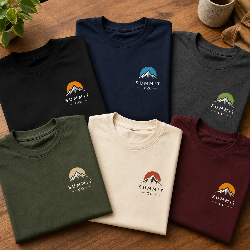 Folded logo shirts in black, navy, gray, green, cream, and maroon