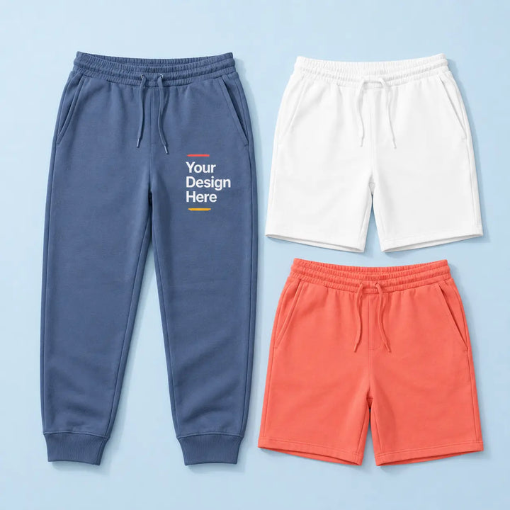 Custom shorts and sweatpants with Your Design Here graphics for group apparel orders