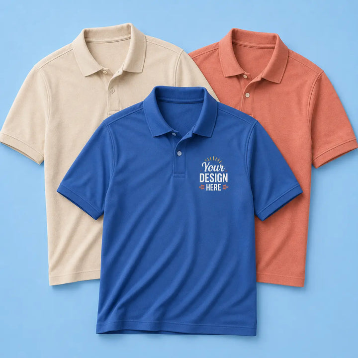 Custom polos in beige, blue and orange with Your Design Here logo placement