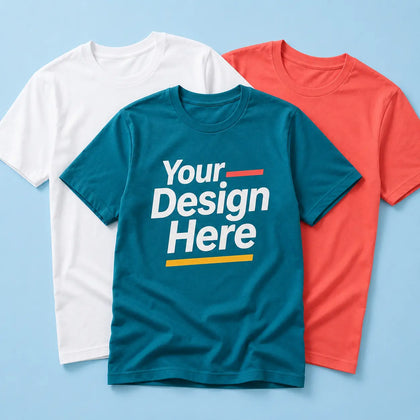 Custom T-shirts in white, blue and red with Your Design Here print area