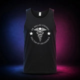 Black Gildan 5200 tank top featuring the Dr. Dallas Stevens winged skull emblem, front view