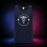Navy Gildan 5200 tank top featuring the Dr. Dallas Stevens winged skull emblem, front view