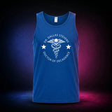 Royal Gildan 5200 tank top featuring the Dr. Dallas Stevens winged skull emblem, front view