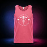 Safety Pink Gildan 5200 tank top featuring the Dr. Dallas Stevens winged skull emblem, front view