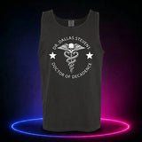 Black Comfort Colors 9360 tank top featuring the Dr. Dallas Stevens winged skull emblem, front view