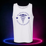 White Comfort Colors 9360 tank top featuring the Dr. Dallas Stevens winged skull emblem, front view