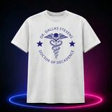 White Comfort Colors 1717 T-shirt featuring the Dr. Dallas Stevens winged skull emblem, front view