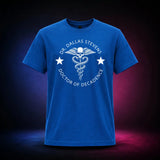 Royal Gildan Softstyle 64000 T-shirt featuring the Dr. Dallas Stevens winged skull emblem, front view