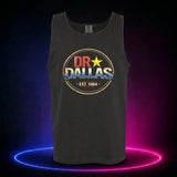 Black Comfort Colors 9360 tank top featuring the distressed Dr. Dallas Est. 1984 logo, front view
