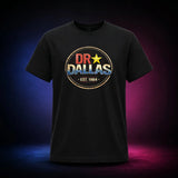 Black Gildan Softstyle 64000 T-shirt featuring the distressed Dr. Dallas Est. 1984 logo, front view