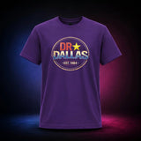 Purple Gildan Softstyle 64000 T-shirt featuring the distressed Dr. Dallas Est. 1984 logo, front view