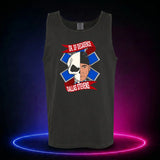 Black Comfort Colors 9360 tank top featuring the Doctor of Decadence split skull portrait of Dr. Dallas, front view