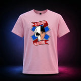 Light Pink Gildan Softstyle 64000 T-shirt featuring the Doctor of Decadence split skull portrait of Dr. Dallas, front view