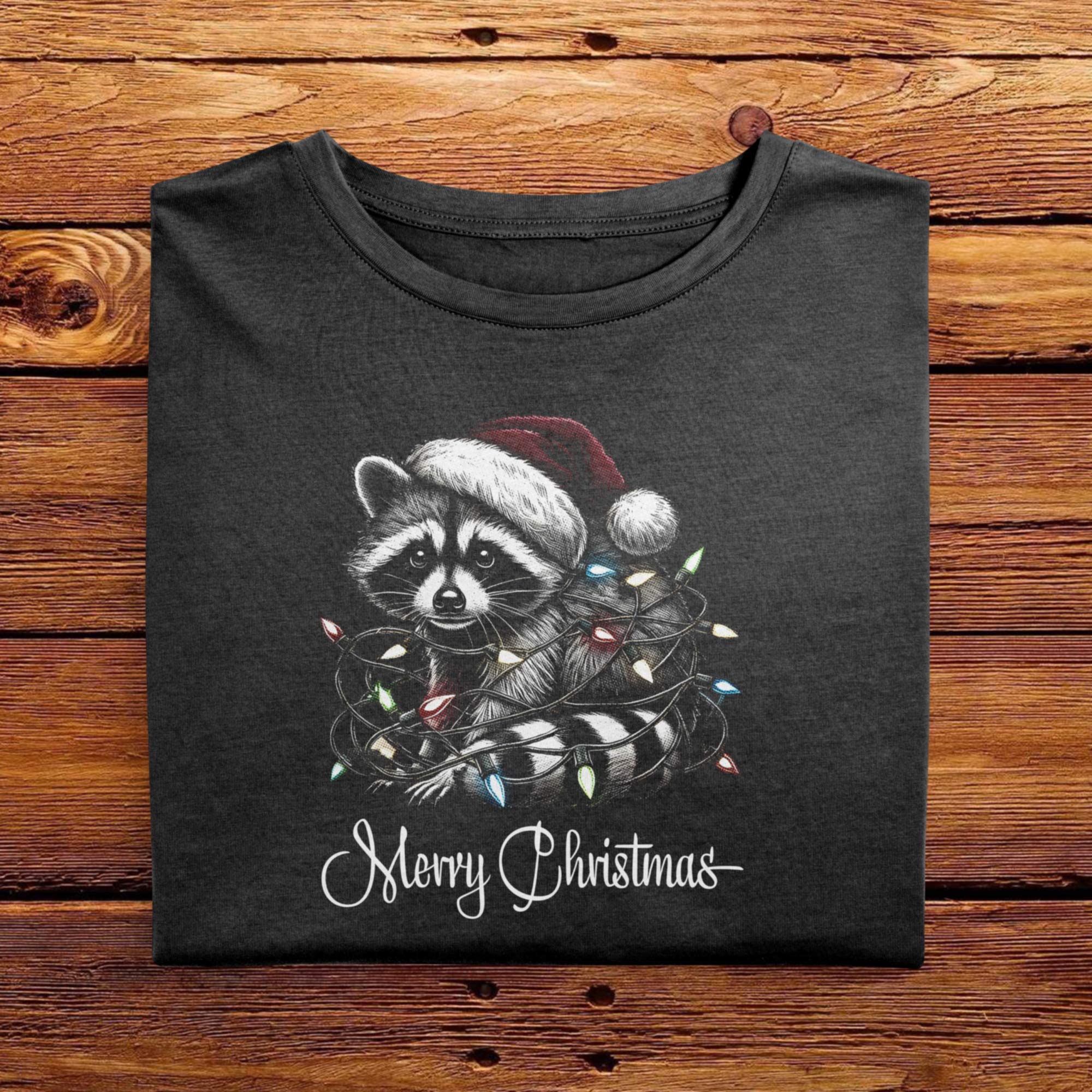 A Black Comfort Colors Tshirt, with a vintage design featuring a cute raccoon wearing a Santa hat, wrapped in colorful Christmas lights. Merry Christmas is written below in a playful script font, perfect for holiday cheer.