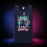 Navy Gildan 5200 tank top featuring Giddy Up Pony Club wrestlers holding hobby horses, front view