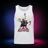 White Gildan 5200 tank top featuring Giddy Up Pony Club wrestlers holding hobby horses, front view