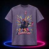 Grape Comfort Colors 1717 T-shirt featuring Giddy Up Pony Club wrestlers holding hobby horses, front view