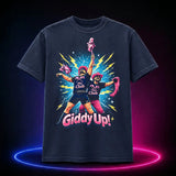 Midnight Comfort Colors 1717 T-shirt featuring Giddy Up Pony Club wrestlers holding hobby horses, front view