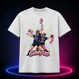 White Comfort Colors 1717 T-shirt featuring Giddy Up Pony Club wrestlers holding hobby horses, front view