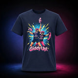 Navy Gildan Softstyle 64000 T-shirt featuring Giddy Up Pony Club wrestlers holding hobby horses, front view