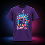 Purple Gildan Softstyle 64000 T-shirt featuring Giddy Up Pony Club wrestlers holding hobby horses, front view