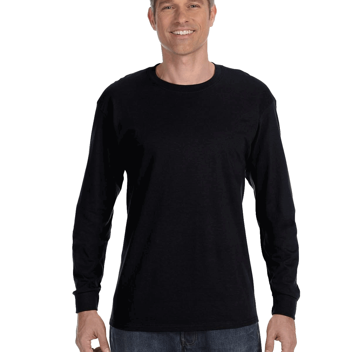 Man wearing a Gildan Heavy Cotton Long Sleeve T-shirt in Black.