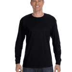 Man wearing a Gildan Heavy Cotton Long Sleeve T-shirt in Black.