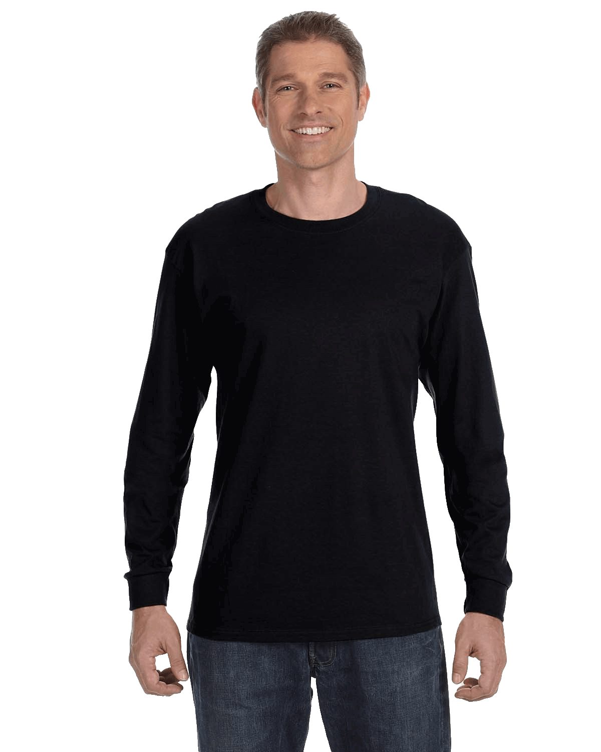 Man wearing a Gildan Heavy Cotton Long Sleeve T-shirt in Black.