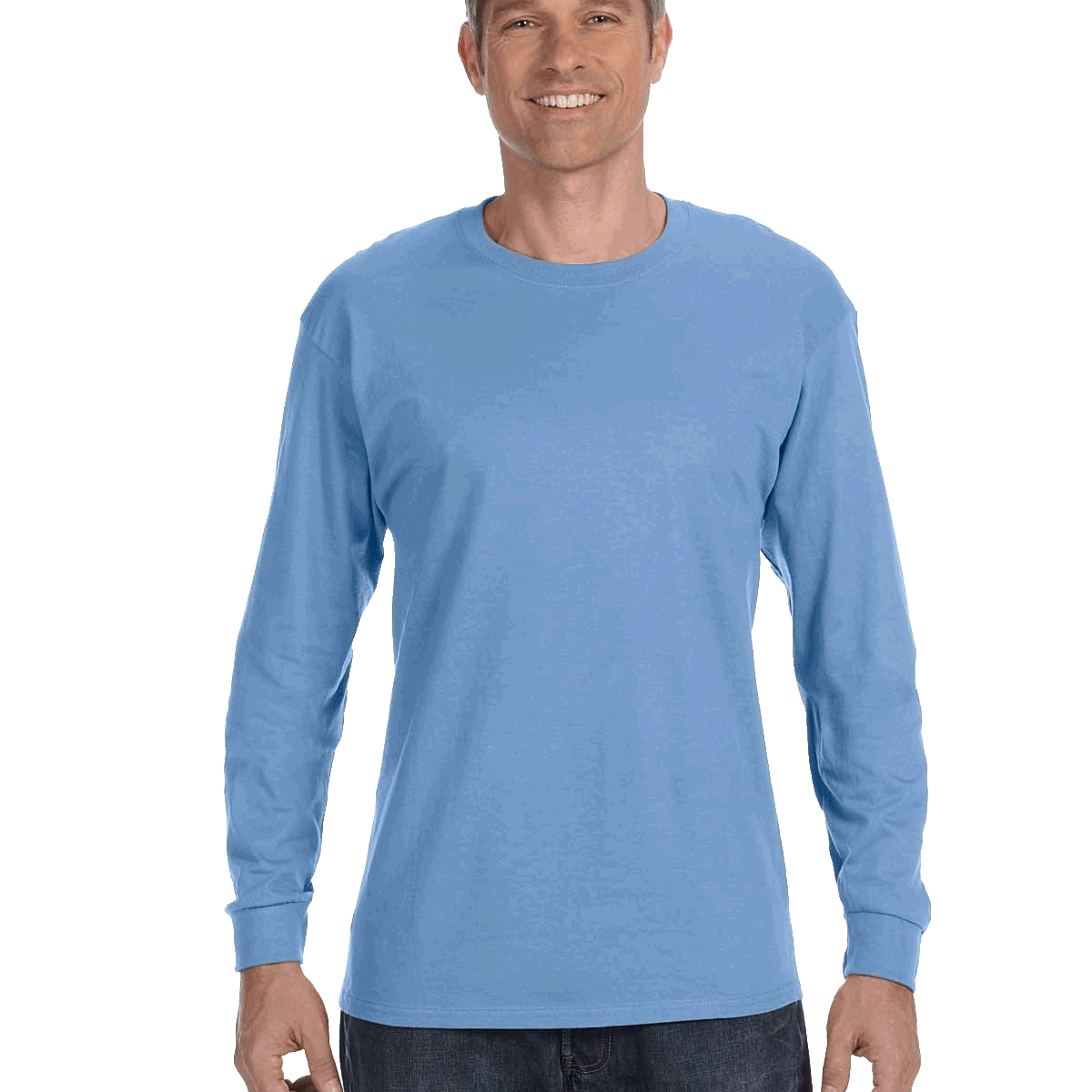 Man wearing a Gildan Heavy Cotton Long Sleeve T-shirt in Carolina Blue.