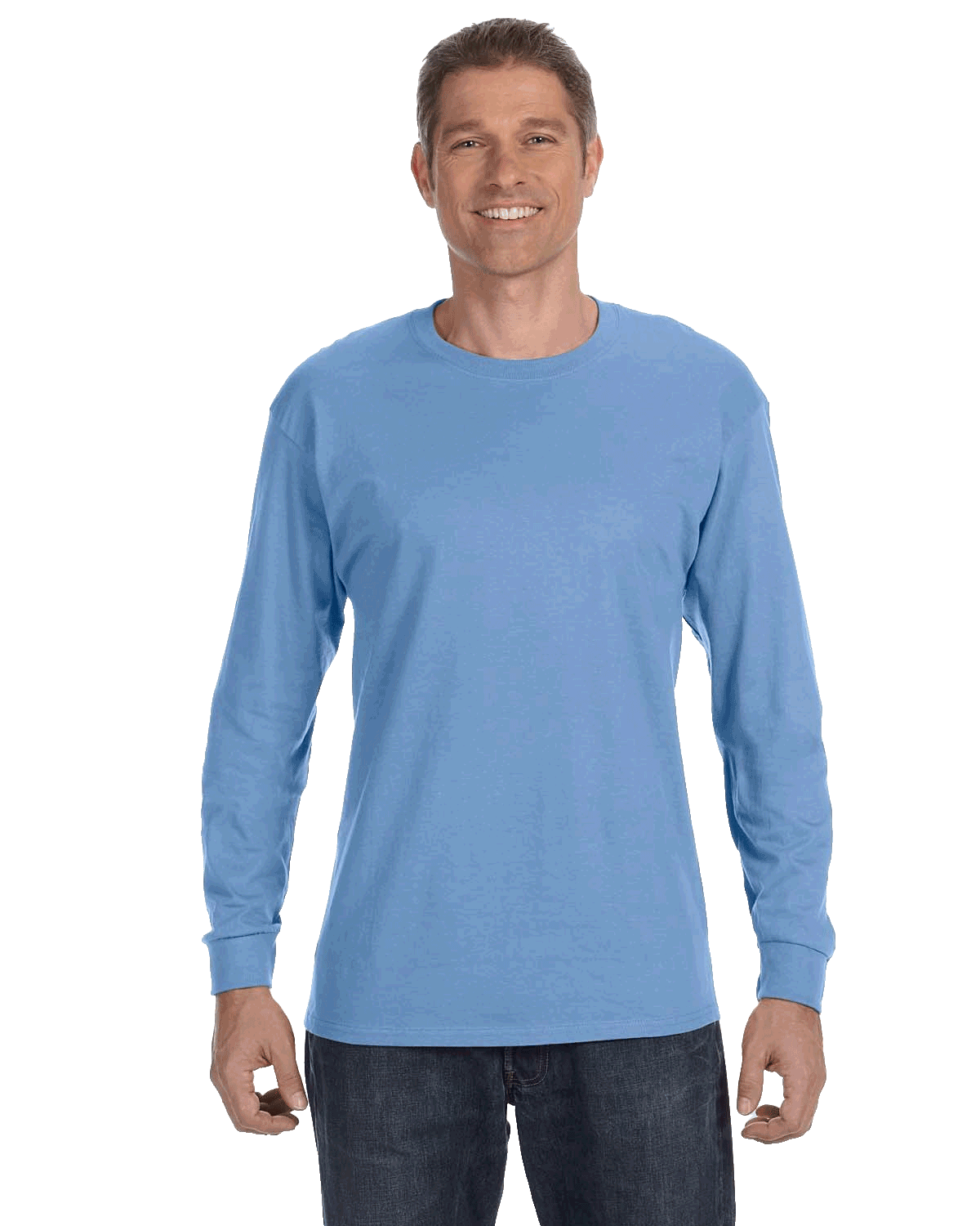 Man wearing a Gildan Heavy Cotton Long Sleeve T-shirt in Carolina Blue.