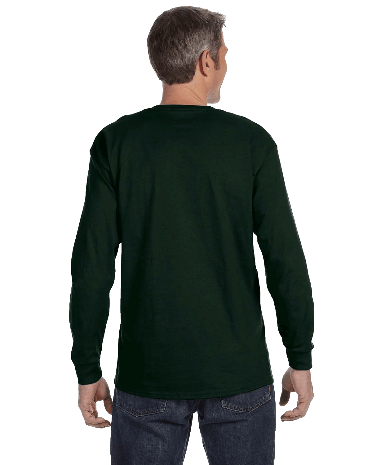 Rear view of a man wearing a Gildan Heavy Cotton Long Sleeve T-shirt in Forest Green.