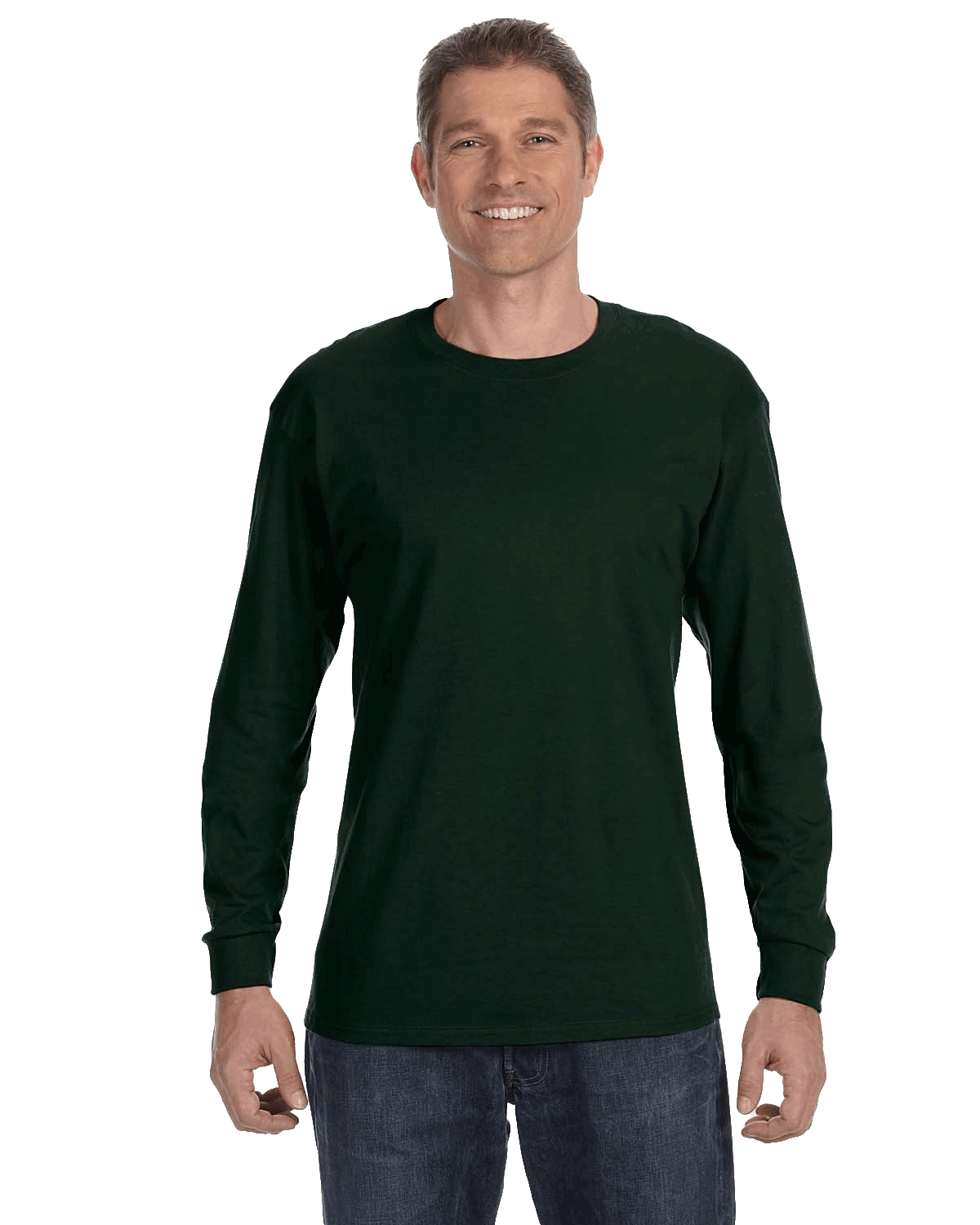 Man wearing a Gildan Heavy Cotton Long Sleeve T-shirt in Forest Green.