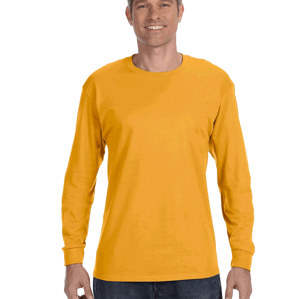 Man wearing a Gildan Heavy Cotton Long Sleeve T-shirt in Gold.