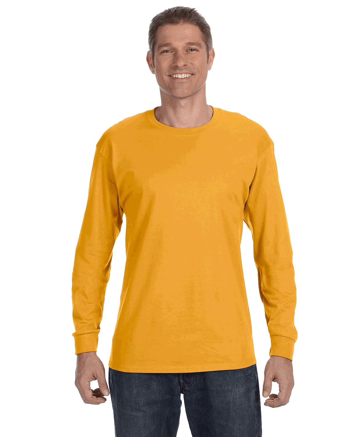 Man wearing a Gildan Heavy Cotton Long Sleeve T-shirt in Gold.