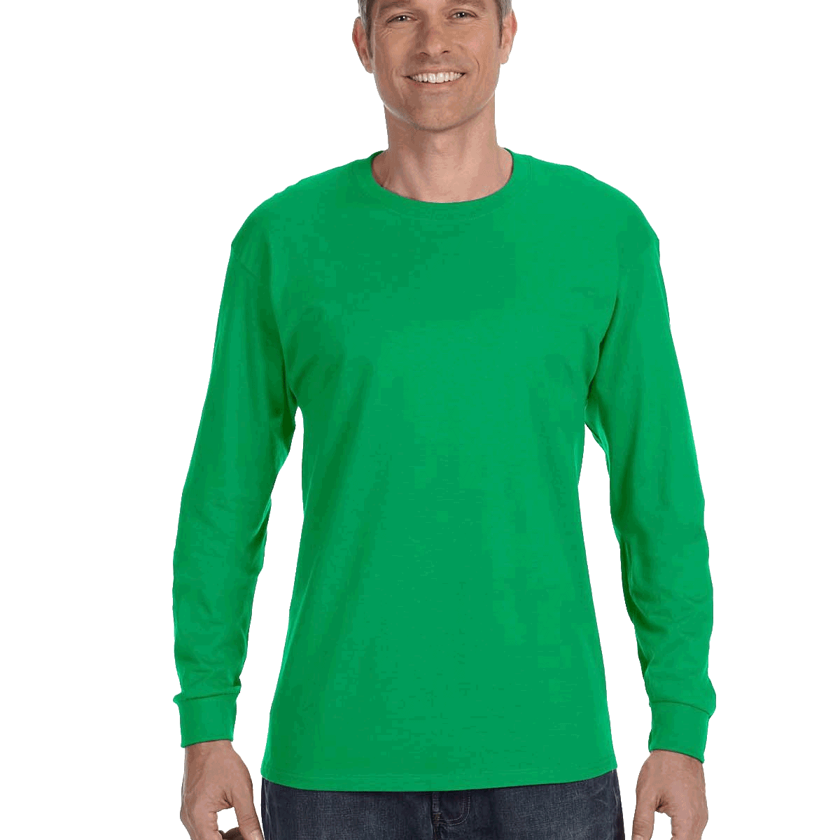 Man wearing a Gildan Heavy Cotton Long Sleeve T-shirt in Irish Green.