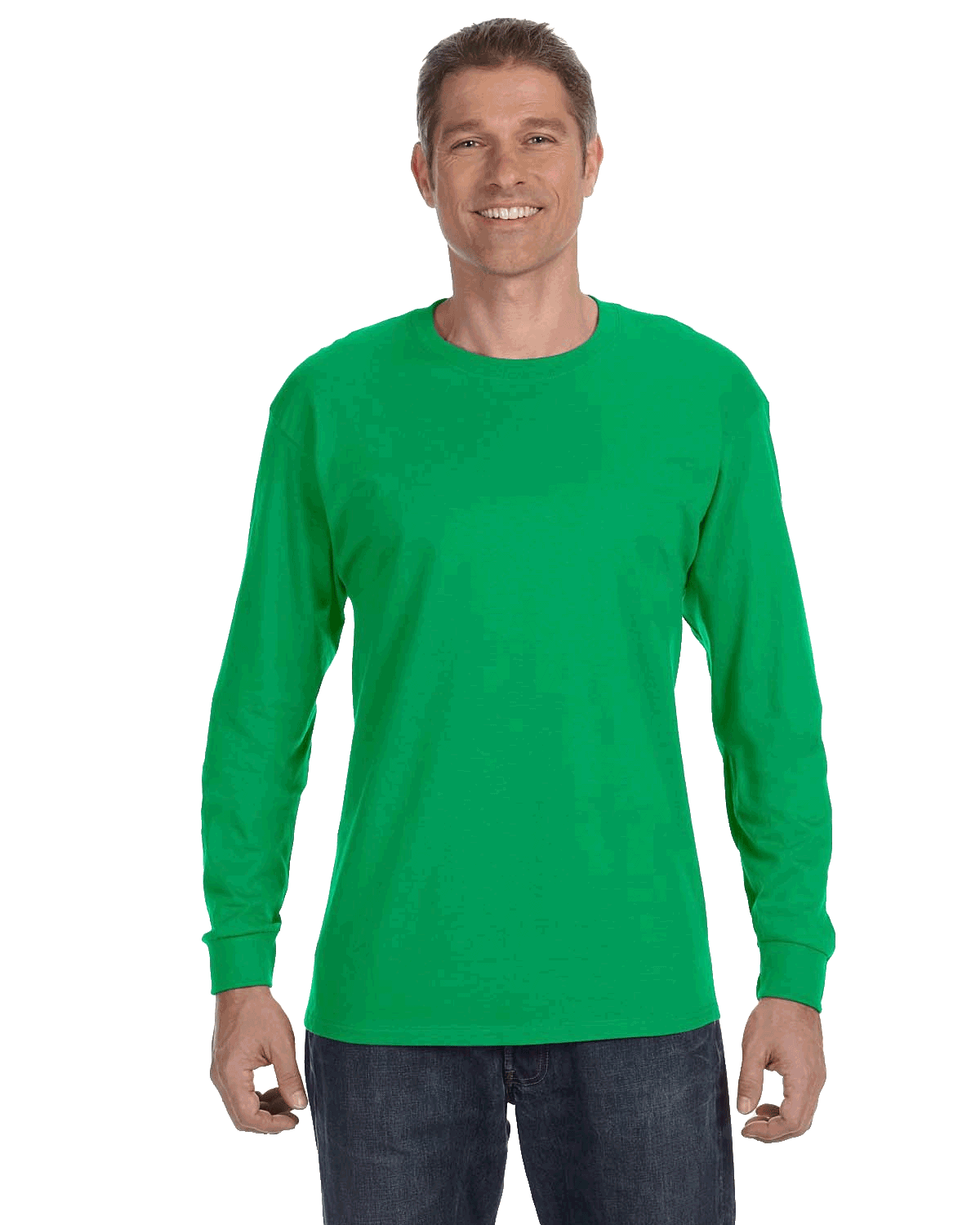 Man wearing a Gildan Heavy Cotton Long Sleeve T-shirt in Irish Green.