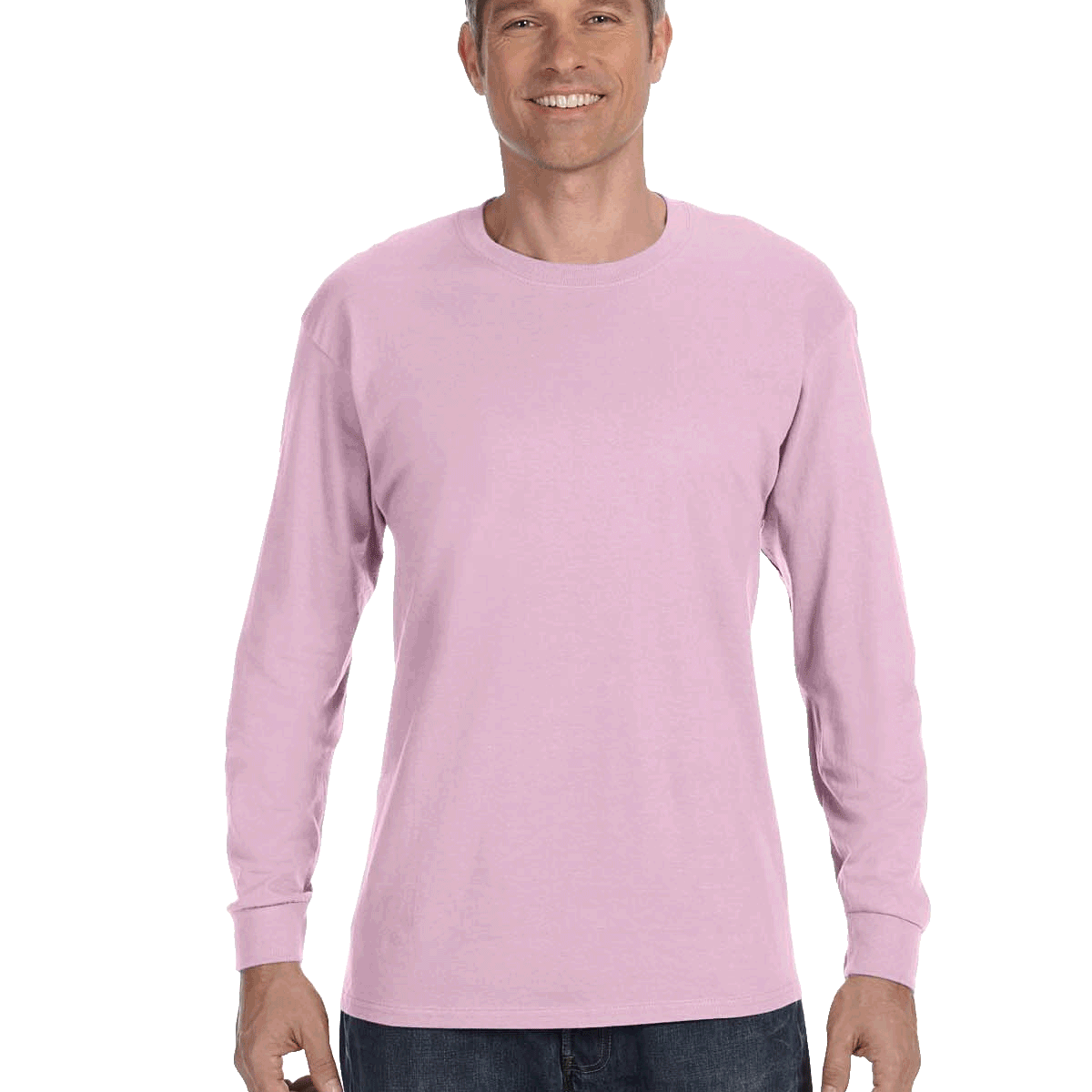 Man wearing a Gildan Heavy Cotton Long Sleeve T-shirt in Light Pink.