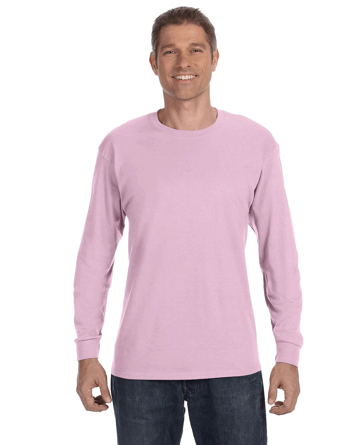 Man wearing a Gildan Heavy Cotton Long Sleeve T-shirt in Light Pink.