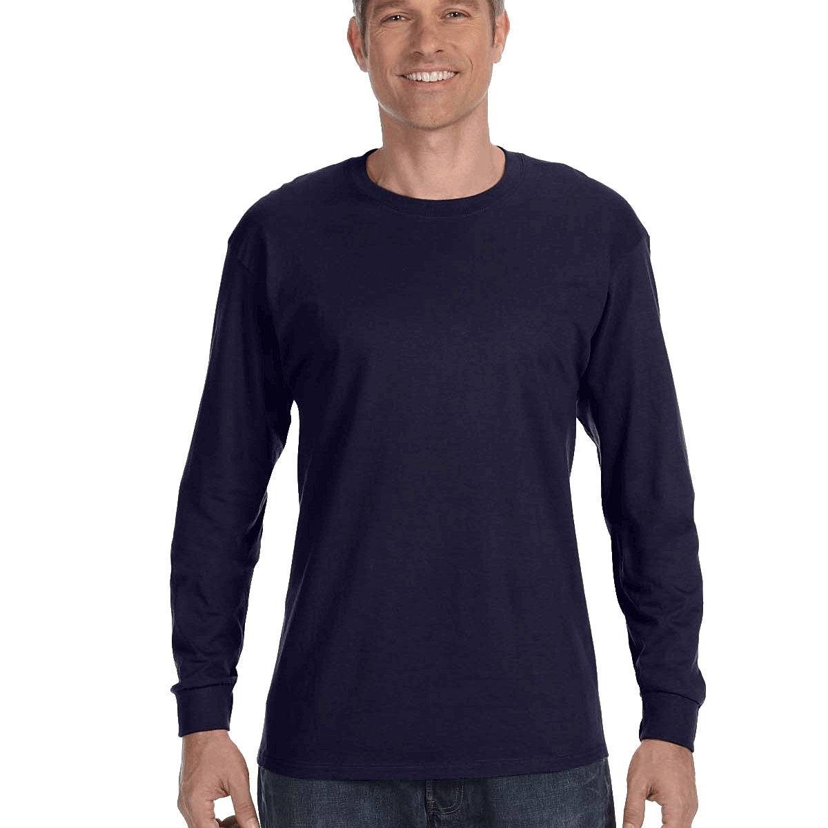 Man wearing a Gildan Heavy Cotton Long Sleeve T-shirt in Navy.