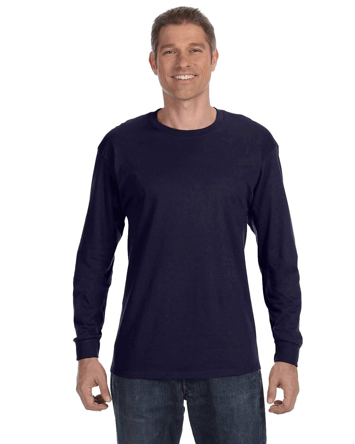 Man wearing a Gildan Heavy Cotton Long Sleeve T-shirt in Navy.