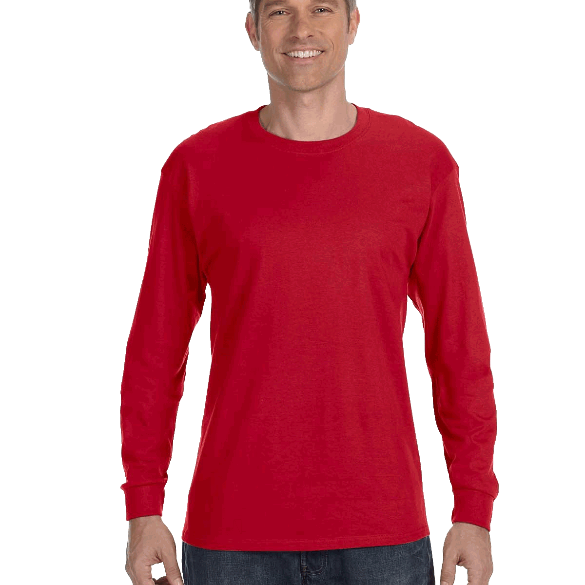 Man wearing a Gildan Heavy Cotton Long Sleeve T-shirt in Red.