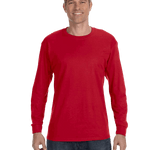 Man wearing a Gildan Heavy Cotton Long Sleeve T-shirt in Red.