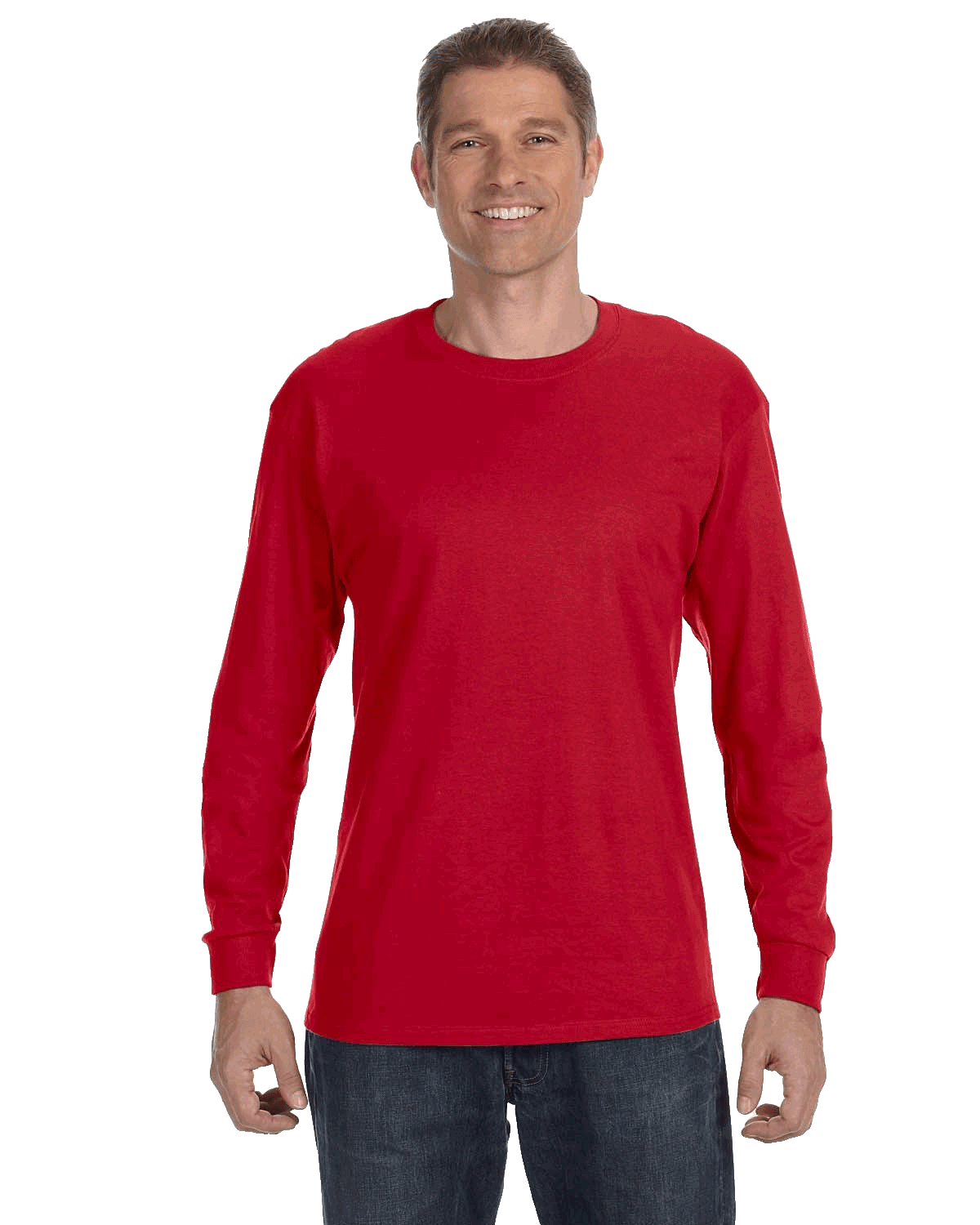 Man wearing a Gildan Heavy Cotton Long Sleeve T-shirt in Red.